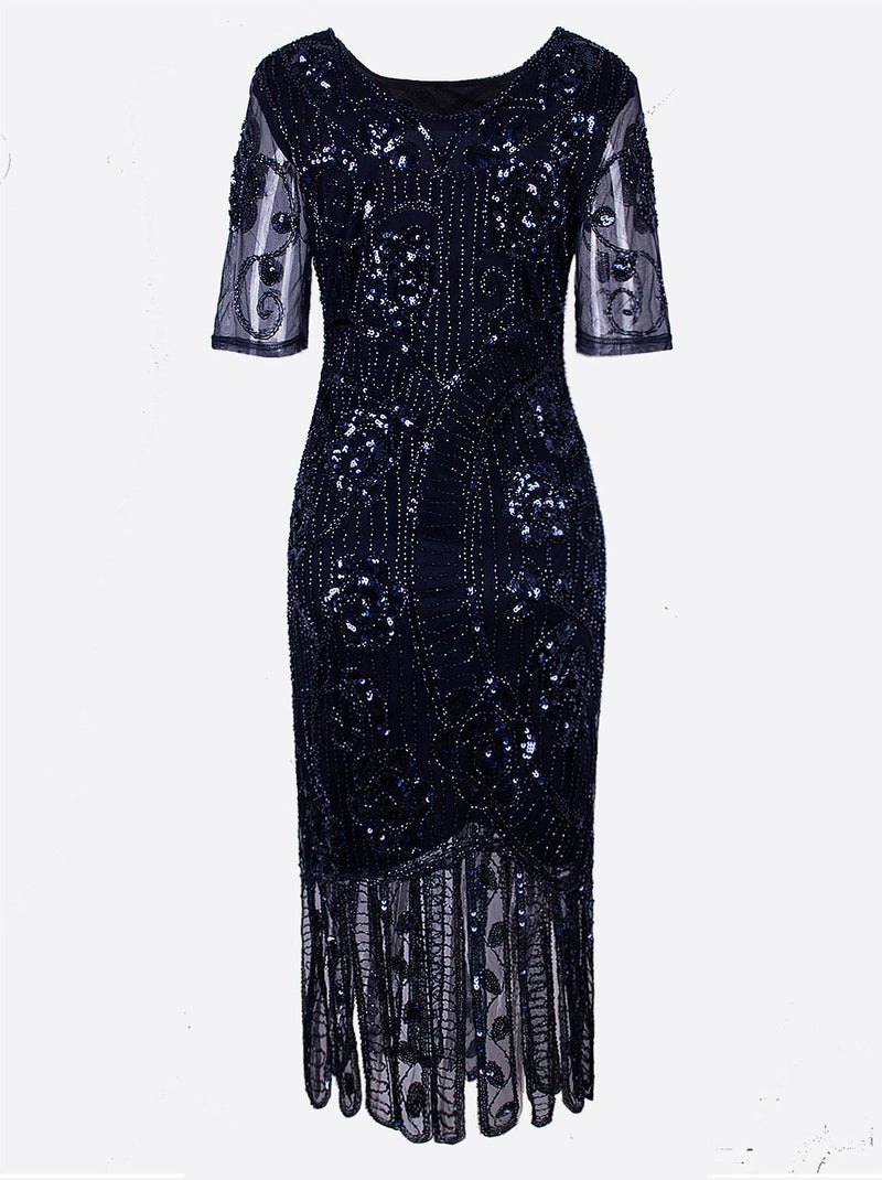 Vijiv Women's Vintage 1920s Style Sequined Beaded Roaring 20s Long Gatsby Flapper Dress with Sleeves for Themed Party, Blue Small - Image 4